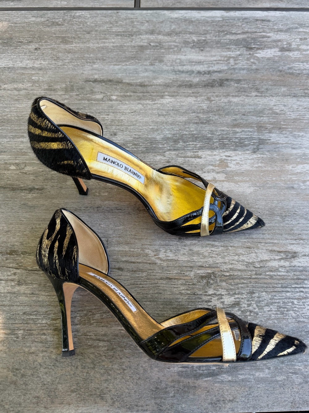 Manolo Blahnik Black and Gold Zebra-Striped Pointed calf hair D'Orsay Heels 38.5